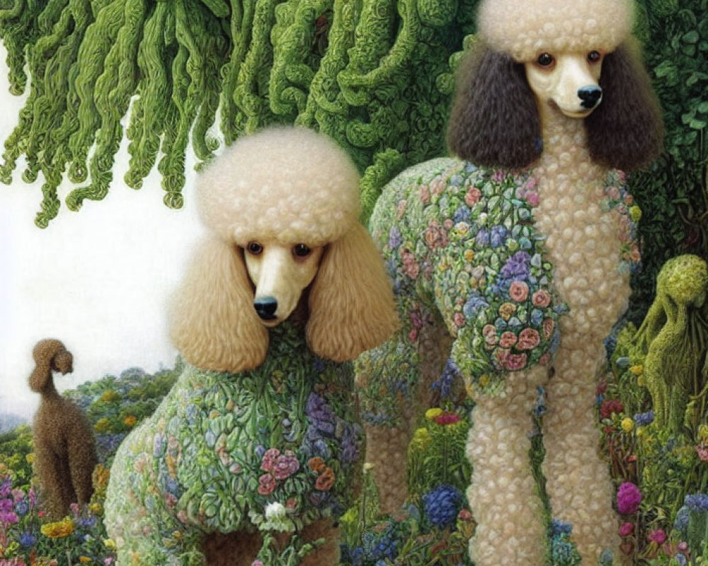 Floral-patterned poodles in vibrant garden with colorful flowers