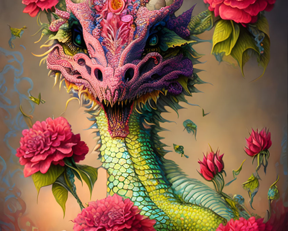 Fantasy dragon illustration with intricate scales and floral motifs