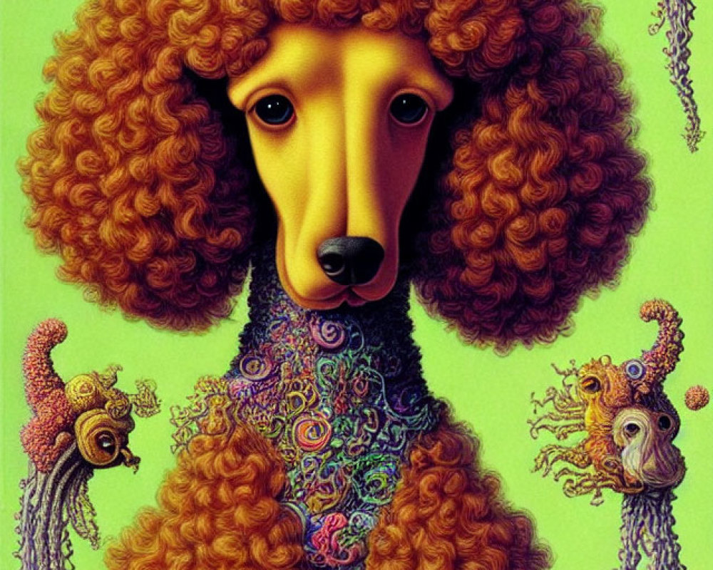 Stylized poodle with ornate neck and vibrant fur on green background.