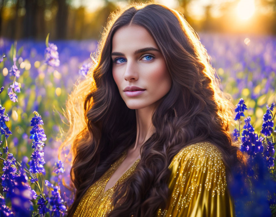 Woman with Long Wavy Hair in Field of Violet Flowers