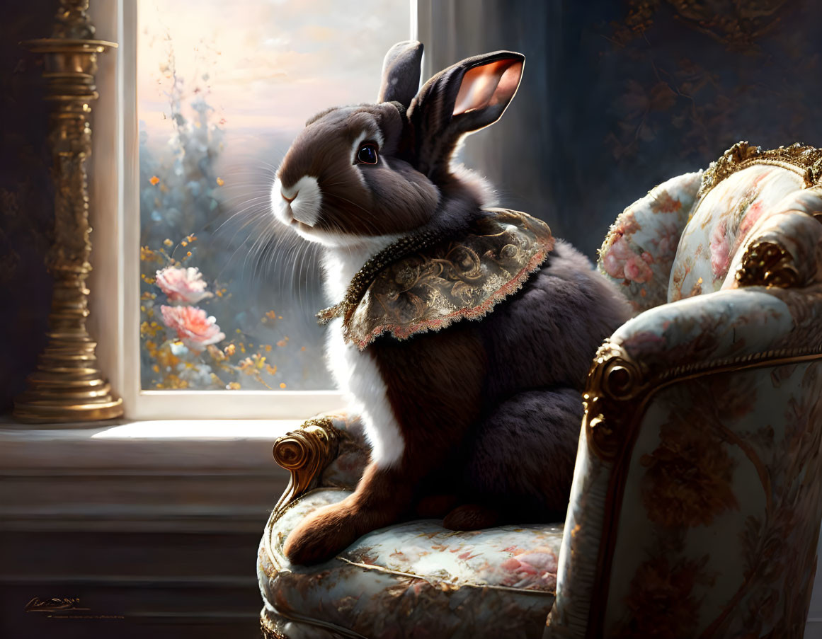 Regal Rabbit with Lace Collar Sitting by Window and Flowers