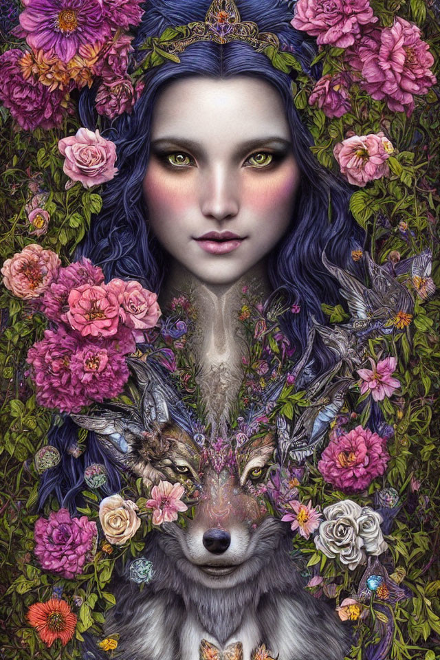 Illustration of woman with blue hair merged with wolf and nature elements