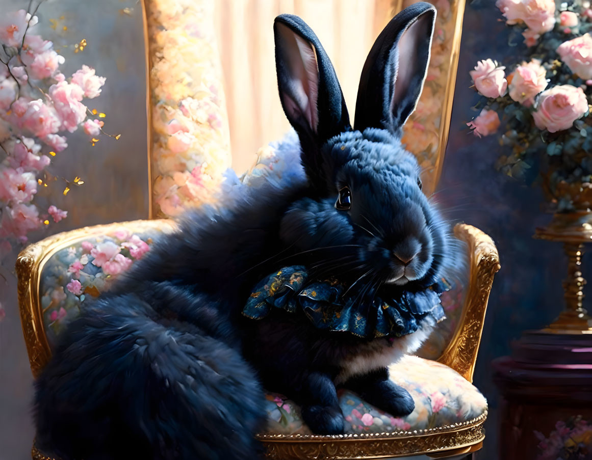 Fluffy Black Rabbit with Blue Bow Tie on Vintage Chair in Floral Setting