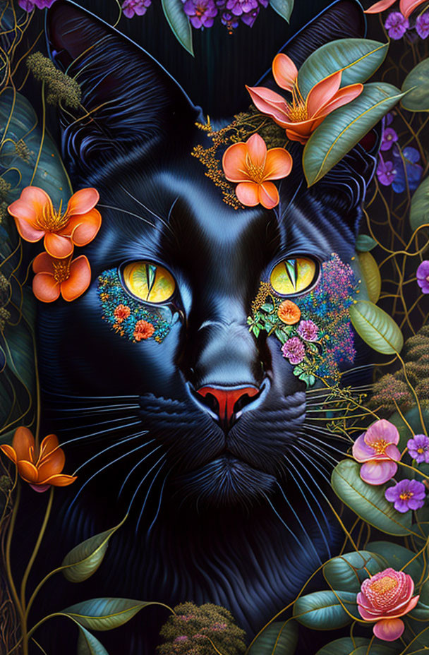 Colorful floral-patterned eyes on black cat illustration with flowers and leaves on dark background