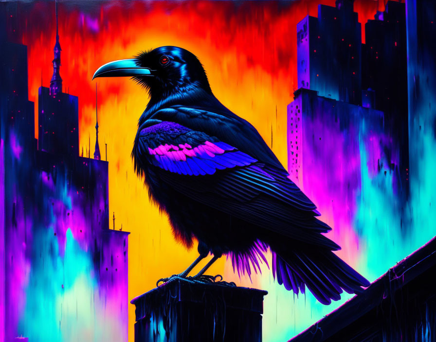 Colorful digital artwork: Raven in neon cityscape.