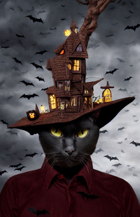 Black Cat in Witch's Hat with Haunted House Sky and Bats