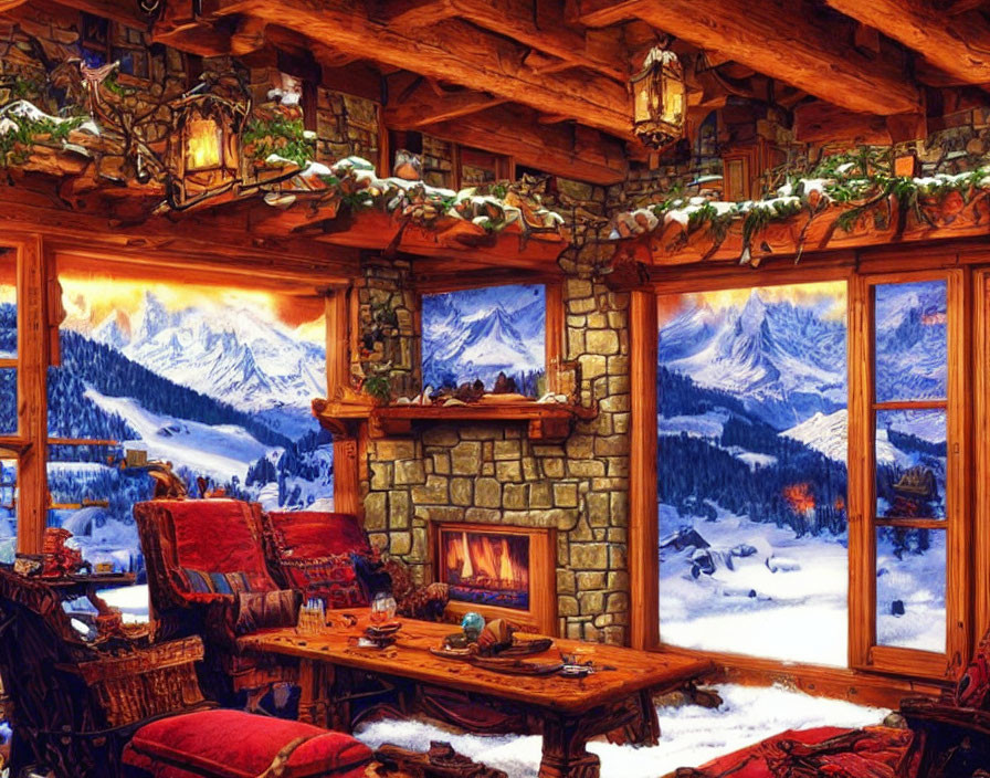 Warm Cabin Interior with Fireplace, Chairs, & Mountain View