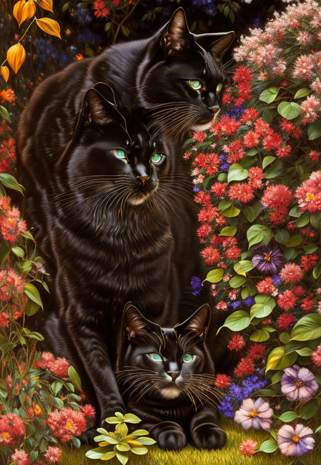 Three black cats with blue eyes in colorful flower setting