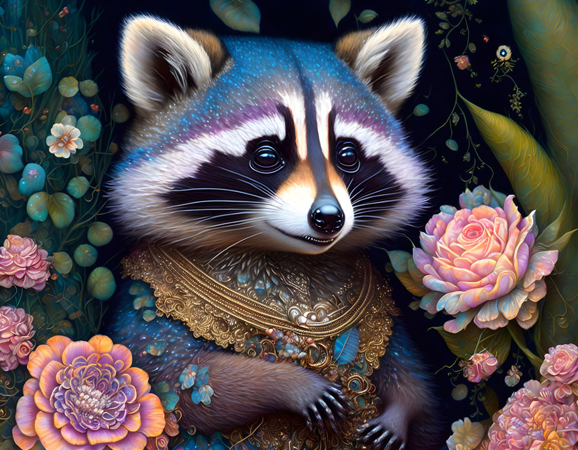 Detailed illustration of a raccoon with ornate jewelry in a floral setting