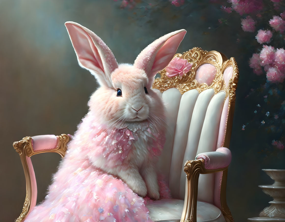 Pink Fur Rabbit Illustration in Elegant Dress on Golden Chair