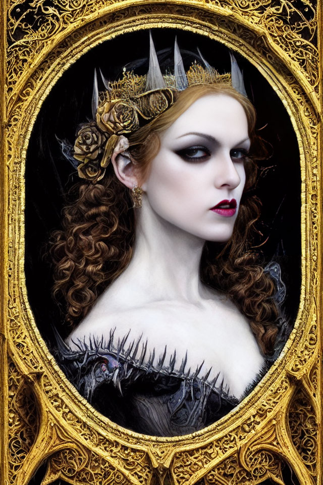 Gothic queen with crown in ornate gold mirror.