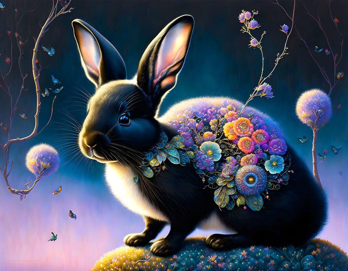 Colorful Flowers on Black Rabbit in Magical Twilight Scene