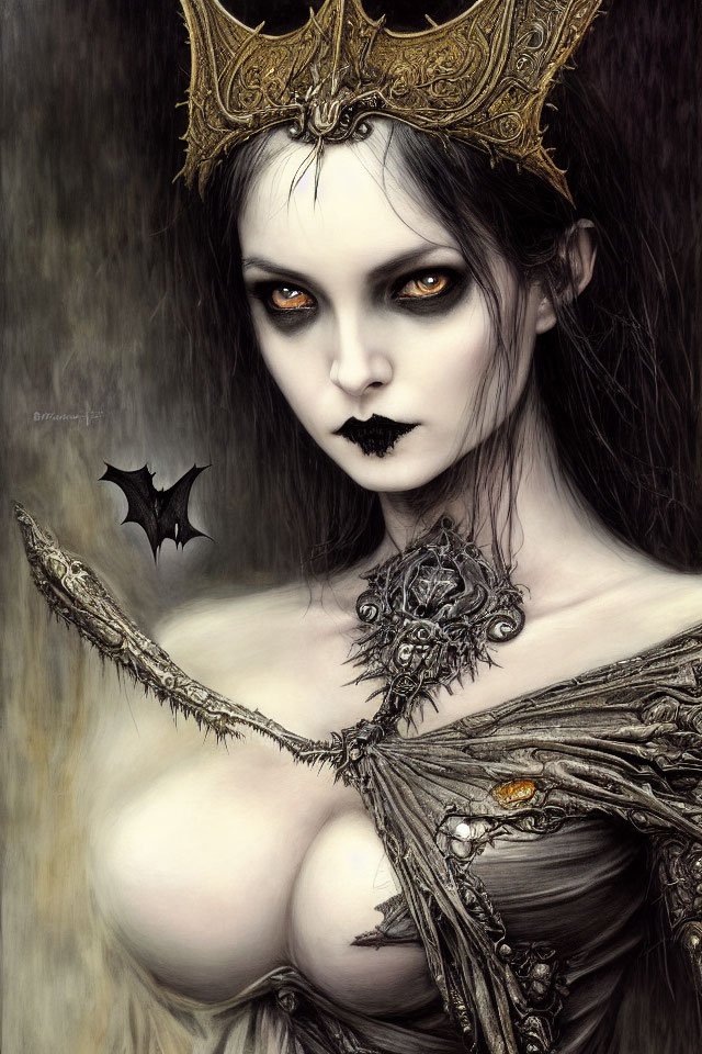 Pale woman in gothic attire with bat motif crown and dark makeup