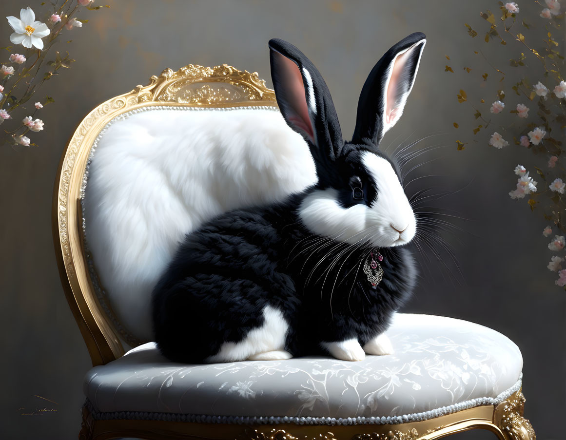 Regal black and white rabbit with jewel pendant on golden chair among cherry blossoms