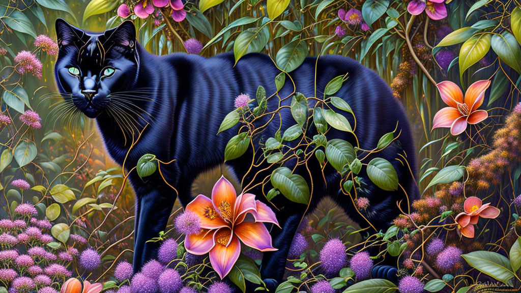 Black cat with yellow eyes in vibrant jungle setting