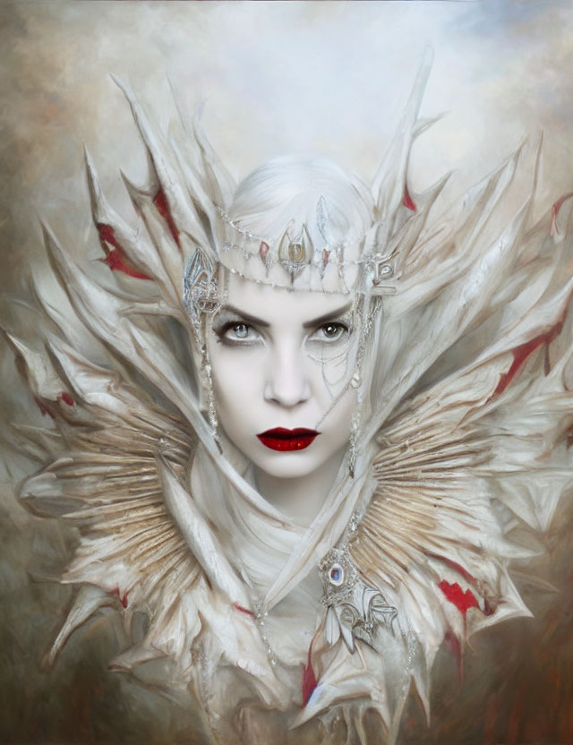 Pale-skinned woman with blue eyes in fantasy headdress.