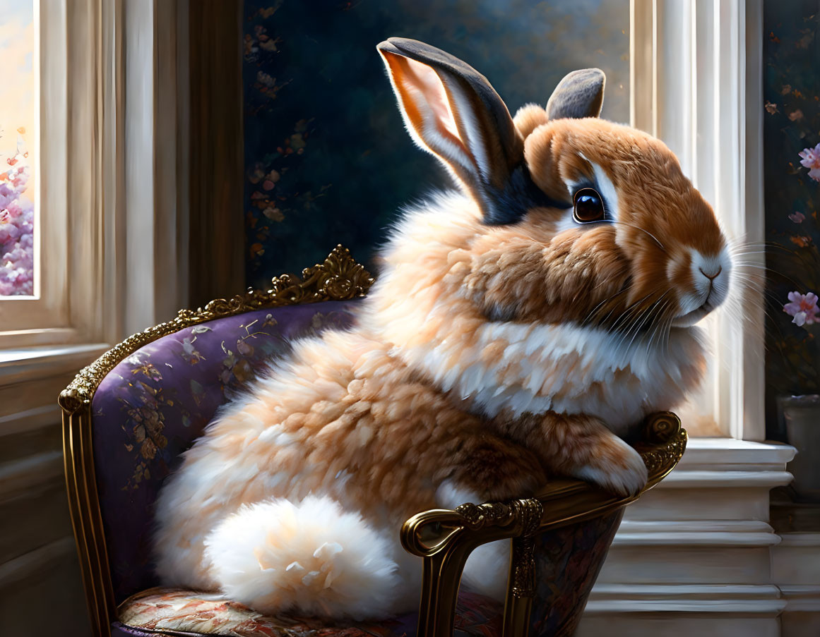 Regal Rabbit on Ornate Chair in Sunlit Room