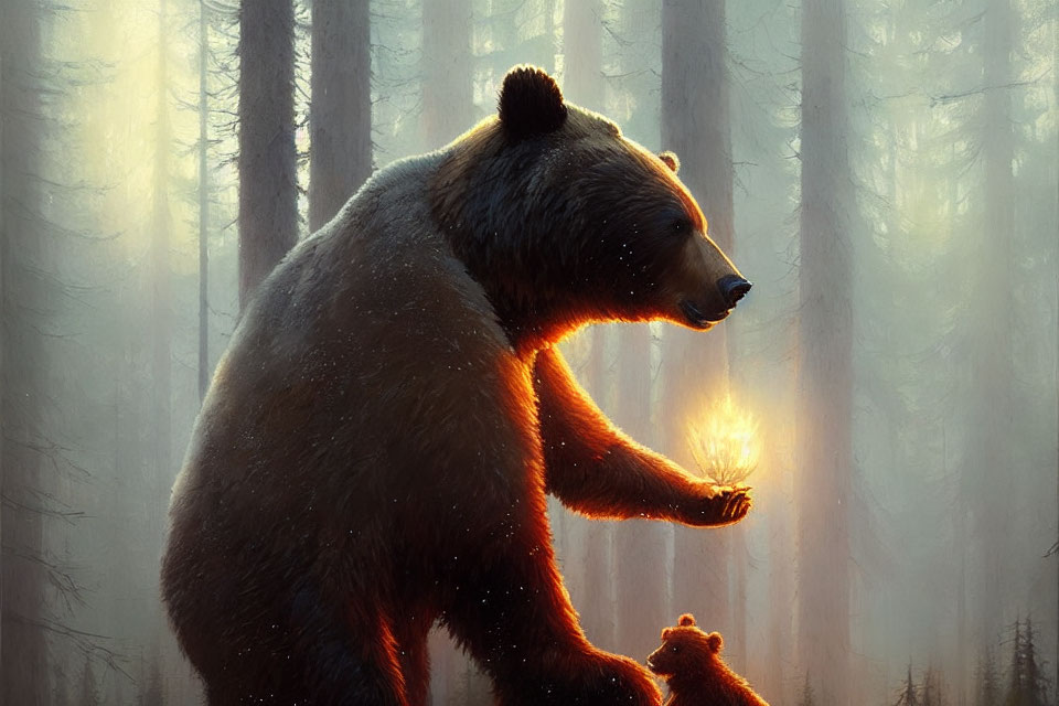 Large bear with torch in misty forest, small bear beside