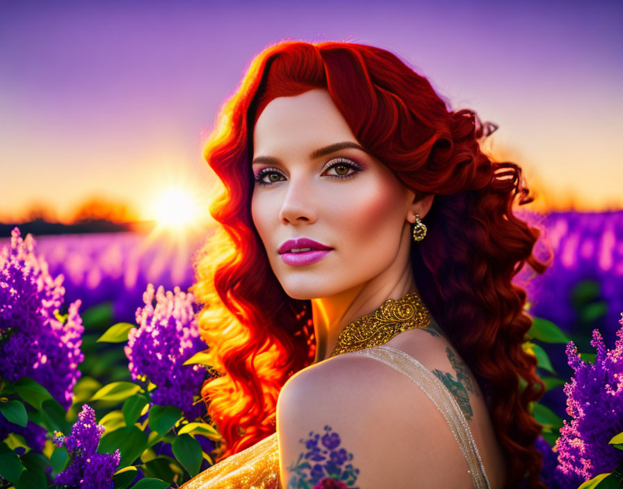 Red-haired woman with green eyes in lavender field at sunset with golden jewelry and shoulder tattoo