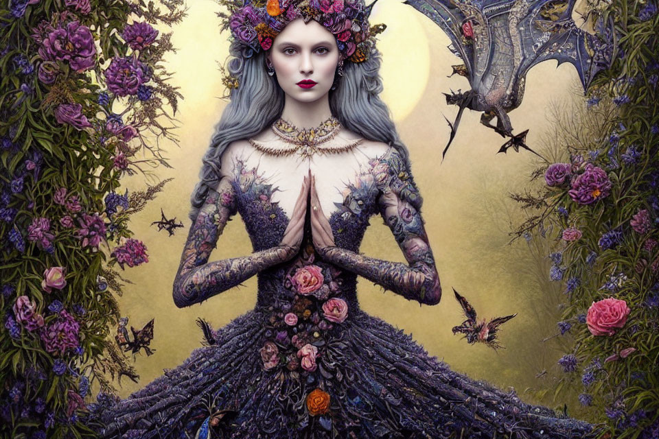 Fantasy artwork of woman with gray skin in floral gown and dragon wings