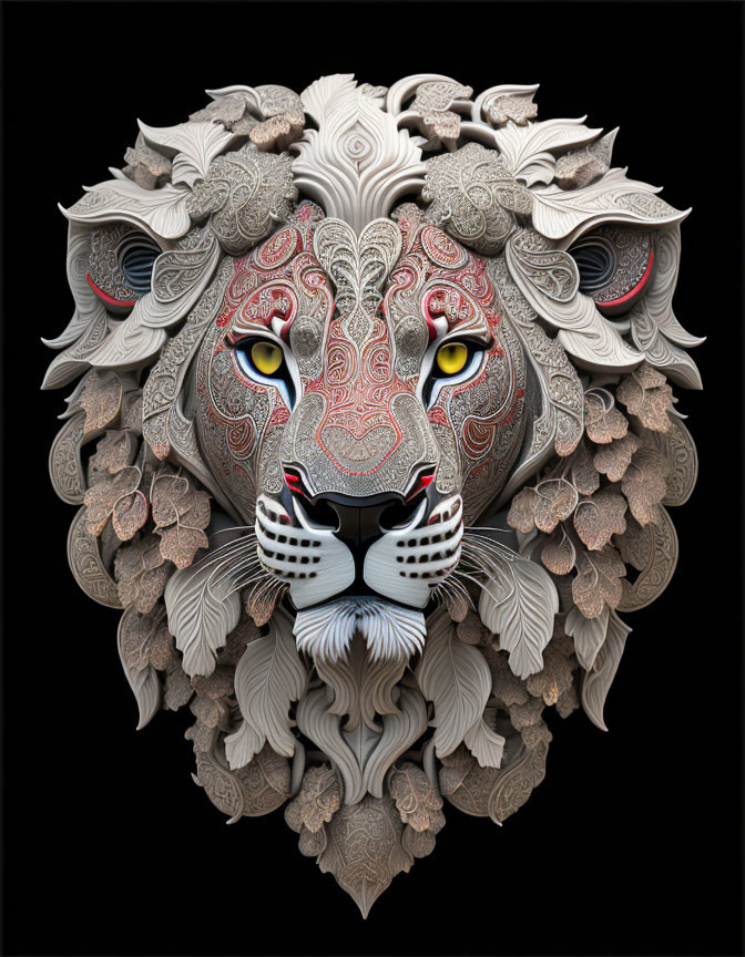 Detailed 3D lion face illustration with intricate patterns and textures