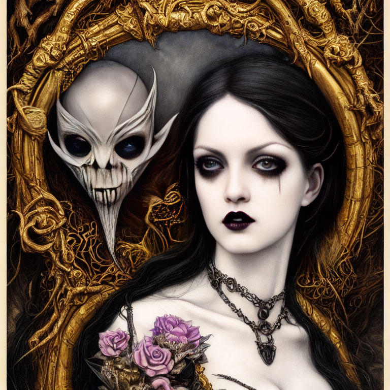 Gothic portrait of pale woman with dark makeup and roses beside skull-like creature in ornate frame