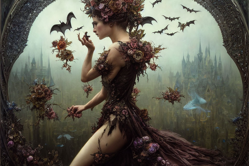 Fantastical image: Woman with bat-like wings in floral dress, gothic castle background