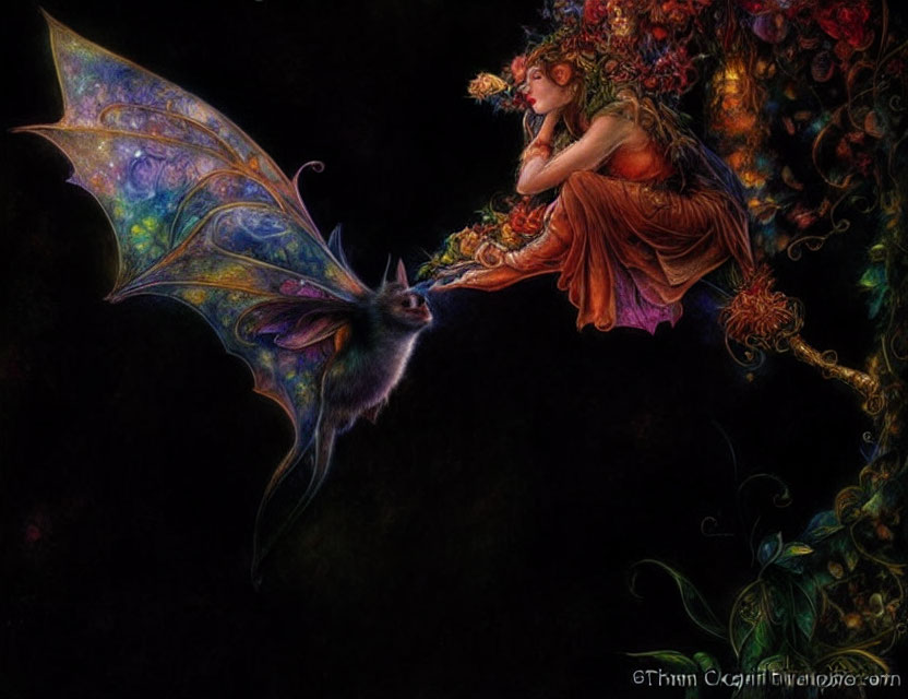 Whimsical artwork of fairy with iridescent wings and bat in dark floral setting