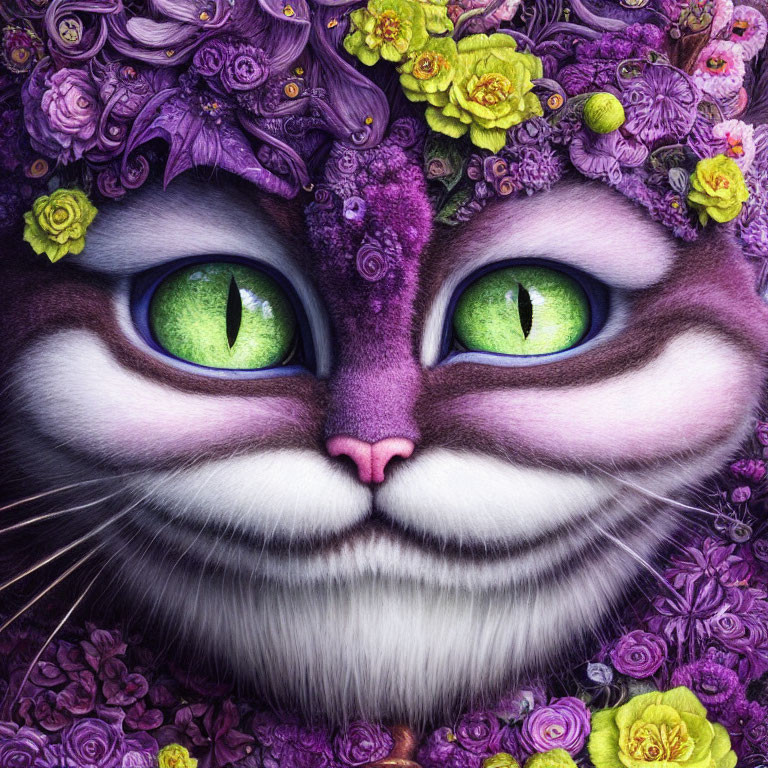 Whimsical purple cat with green eyes among colorful flowers