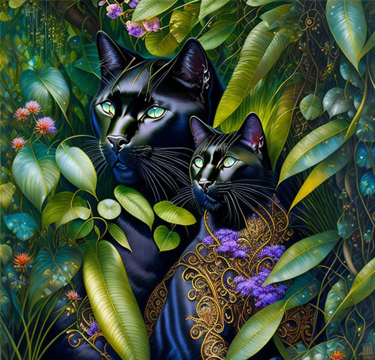 Vibrant digital artwork: Two black cats with human-like eyes in lush greenery