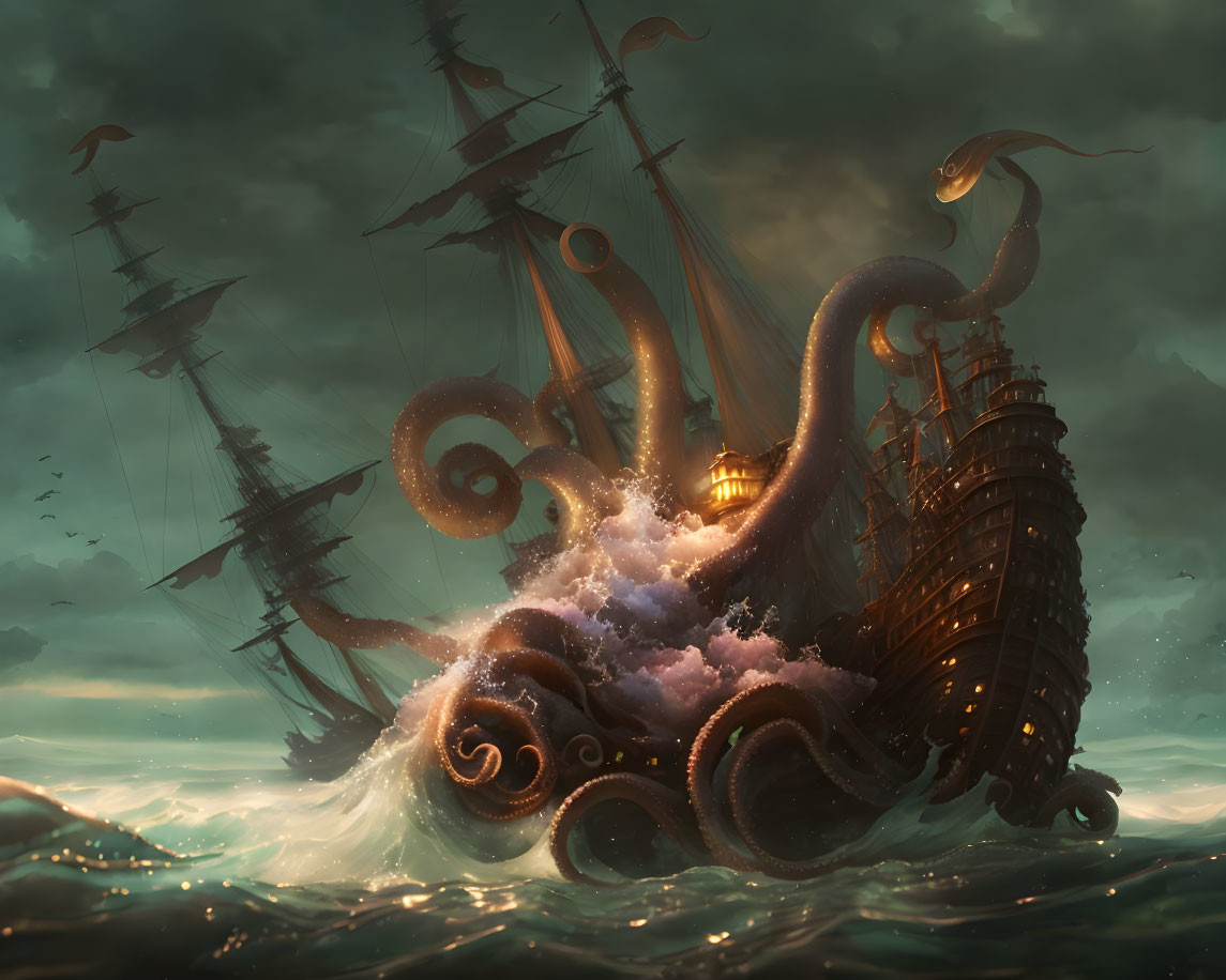 Giant Octopus Attacking Ships in Stormy Seas