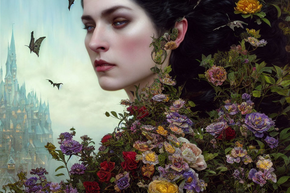 Surreal portrait of woman with flowers and vines in hair against mystical castle and bats