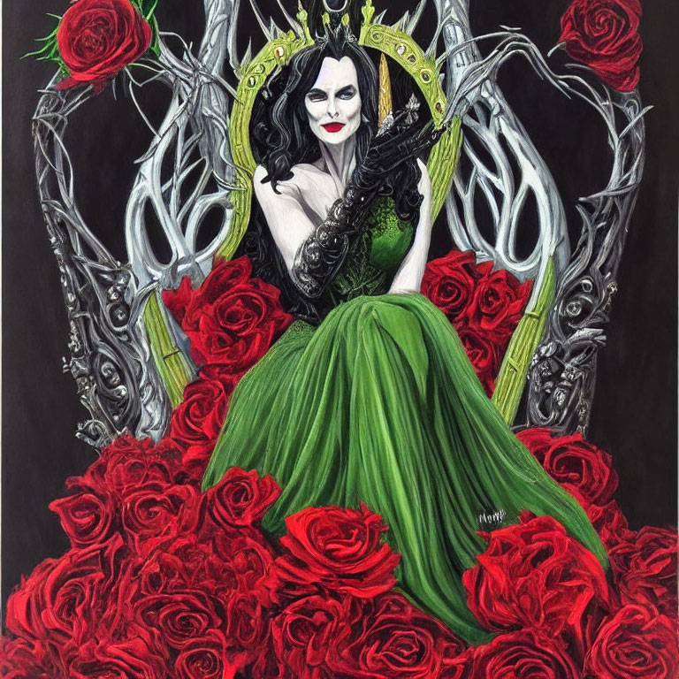 Gothic-style illustration of pale woman on throne with red roses