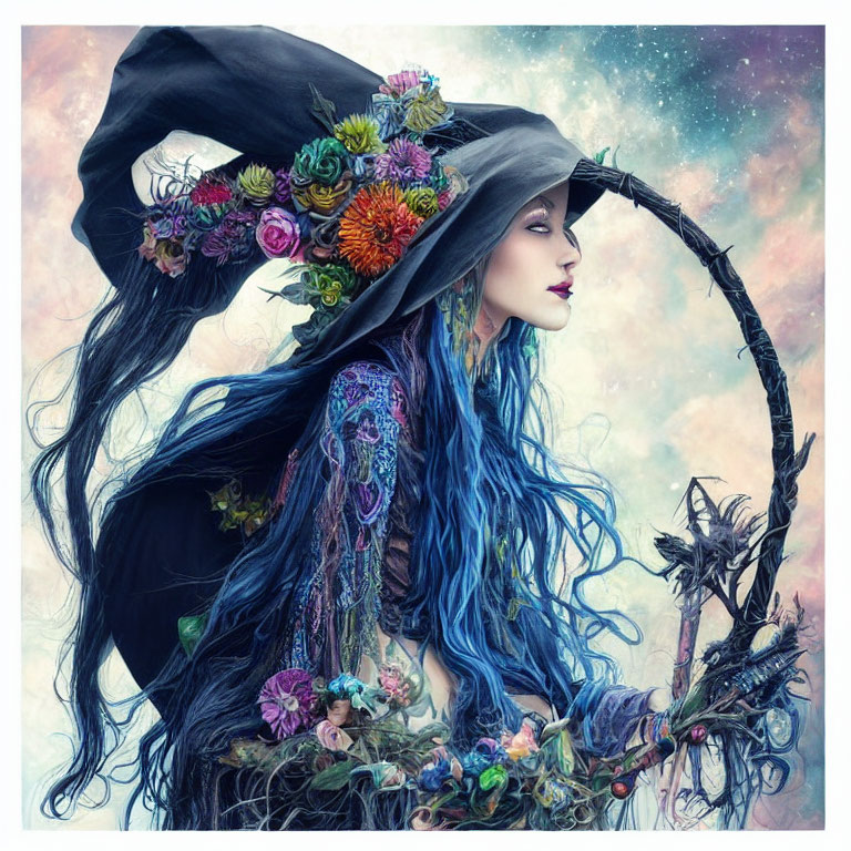 Blue-haired woman with floral hat holding twisted staff in cosmic setting