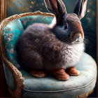 Brown and white speckled rabbit on blue cushioned chair with gold border