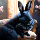 Fluffy Black Rabbit with Blue Bow Tie on Vintage Chair in Floral Setting