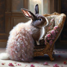 Fluffy rabbit on gold-framed chair in elegant room