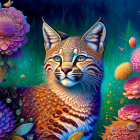 Colorful Fantastical Cat Surrounded by Flowers and Creatures