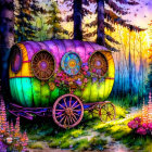 Colorful whimsical caravan with floral adornments in enchanting forest at twilight