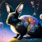 Colorful Flowers on Black Rabbit in Magical Twilight Scene