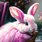 Fluffy pink and white bunny on ornate chair with blooming roses