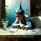 Surreal artwork: Boy with shark head playing cards at table