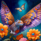 Colorful Cat with Butterfly Wings Among Orange Flowers and Small Butterfly