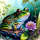 Colorful Frog Illustration Among Lush Greenery and Flowers