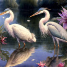 Elegant White Herons in Misty Landscape with Pink Water Lilies