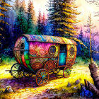 Colorful illustration: Ornate caravan in forest clearing