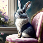 Floral-adorned rabbit sitting by window with blooming flowers