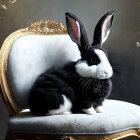 Regal black and white rabbit with jewel pendant on golden chair among cherry blossoms