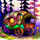 Vibrant woodland scene with gypsy caravan and lush flowers