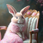 Pink Fur Rabbit Illustration in Elegant Dress on Golden Chair